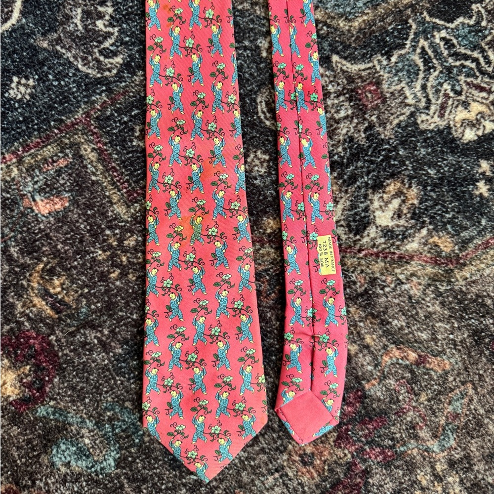Vintage Hermes Pink Tie with Playful Character and Flowers (7238 MA)